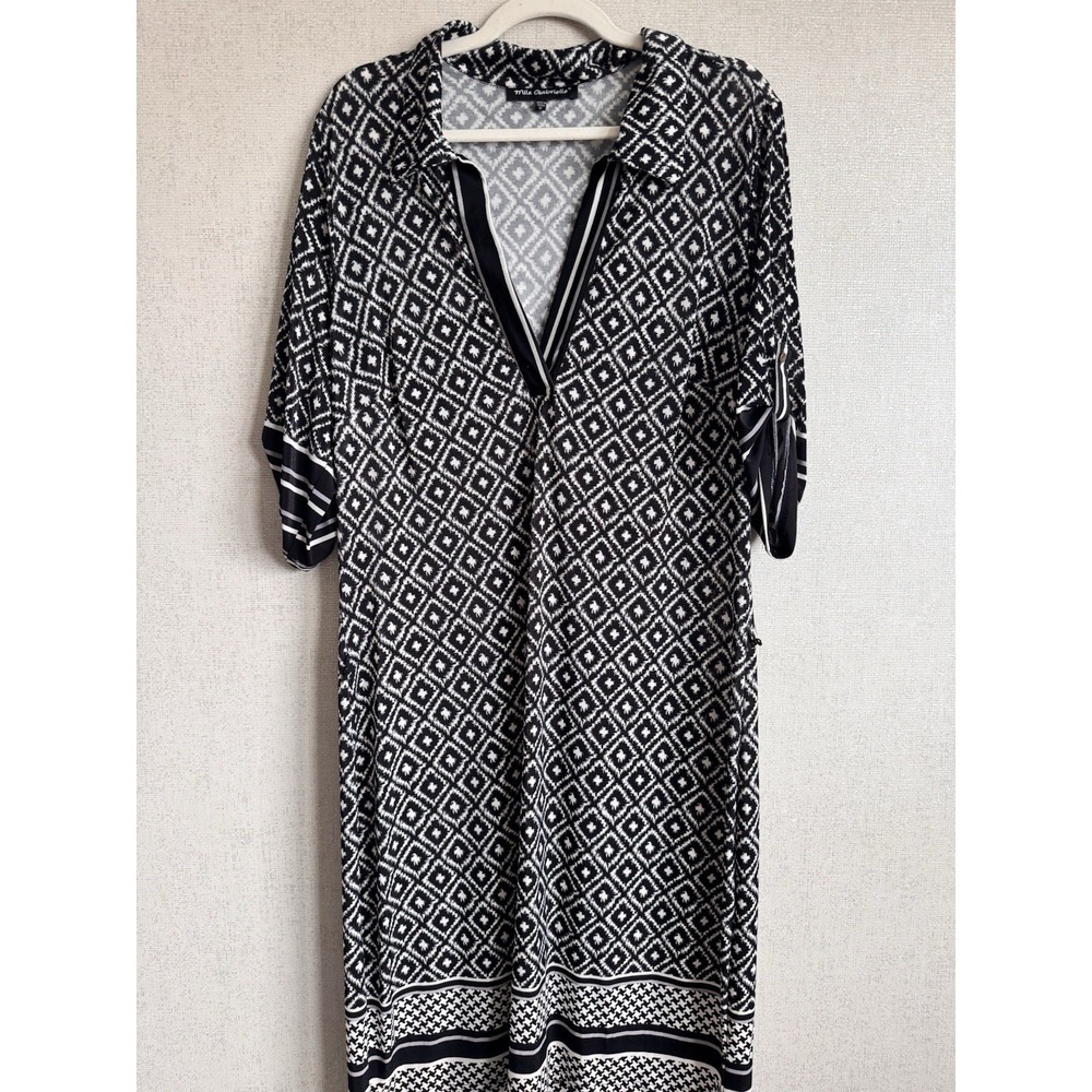 Black White Geometric Shirt Dress Womens Plus Size 1X Casual Stretch Dress - Picture 2 of 9
